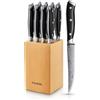 FOHERE Coltelli da Bistecca con Ceppo Coltelli, FOHERE Set di 8 Coltelli da Bistecca in Acciaio Inox a Lama Dritta Extra Affilata, con Motivo Damasco, Codolo intero Design impugnatura ergonomica