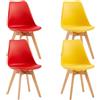 EGGREE Set di 4 Sedie da Sala da Pranzo con Gambe in Faggio Massiccio Schienale in Plastica e Cuscino in PU Sedie da Cucina Ufficio con Design Moderno e Scandinavo,2Rosso+2Giallo