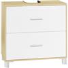 eSituro Mobiletto sotto Lavabo Salvaspazio, Mobile da Bagno con 2 Cassetti e 2 Cubi Interni, Armadio Bagno con Foro per Sifone 15x20 cm, Gambe Rialzate, bianco+legno, 60x30x60 cm