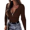 TrendiMax Camicetta Sexy da Donna a Maniche Lunghe Jersey Costine con Cerniera in Maglia Magletta Basic Invernale e Autunnale, caffè Scuro, S