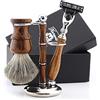 Haryali London Kit da barba, 3 pezzi, set da barba manuale in legno per la toelettatura degli uomini, rasoio da barba a 3 bordi, pennello da barba in tasso, completo di supporto per rasatura, set da