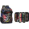 Comix WBS SKULL - Zaino e Astuccio, Ideali per Scuole Elementari o Medie, Astuccio con Set Cancelleria Incluso e Pratiche Chiusure a Zip