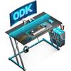 ODK Scrivania Gaming con LED, 100 × 50 cm Tavolo Gaming con Portabicchieri e Gancio per Cuffie, Scrivania Computer con Design a Doppia Z Fibra di Carbonio Nera