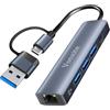 Vonxite Adattatore USB Ethernet, 5 in 2 Adattatore USB-C a Ethernet RJ45 Gigabit 1000Mbps,Hub ethernet LAN con 3 Porte usb 3.0 e 1 Porte tipo C per i-Phone 15/16/iPad/Windows XP/Chromebook/MAC/Linux
