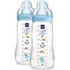 MAM Biberon Easy Active Baby Bottle 330 ml (Set da 2), Kit da 2 biberon MAM per bambini attivi ergonomici e pratici, Accessori neonato 4+ mesi allattamento con tettarella misura 3, Azzurro assortito