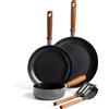 GreenPan Mayflower Pro antiaderente ceramico sano anodizzato, set di pentole e padelle da 5 pezzi, manico in legno vintage, senza PFAS, adatto all'induzione, Grigio Carbone