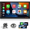 podofo Carplay Senza Fili Autoradio 2 Din con Bluetooth Android 7 Pollici Radio Auto GPS, Podofo Stereo con WiFi, FM/RDS Radio, Connessione Specchio + Telecamera Posteriore