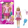 Barbie - La Mia Prima Barbie, giocattolo per bambini 3+ anni, Bambola alta 34 cm con busto morbido e arti snodati, abito rosa e una borsetta a forma di cuore, accessori e cucciolo di peluche, HLL19