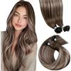 LaaVoo Extension Capelli Veri Cheratina 50g 50 ciocche - Capelli Umani Remy Lisci Balayage Marrone Cioccolato a Biondo Scuro - Extension Professionale Naturale 35 cm #4/18/4