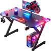 HLONONE 100 x 55 cm Scrivania Gaming LED, Tavolo Gaming Ergonomica, Postazione Gaming con Superficie in Fibra di Carbonio, Scrivania per Computer con Porta Tazza e Gancio per Cuffie, Nero