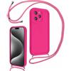 Coalbooliy Cover per iPhone 15 Pro 6,1 con Cordino per Cellulare, Custodia Silicone con Regolabile Collana Sottile Morbida Case Protezione della fotocamera Antiurto con Necklace, Rosa Rossa