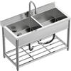 Vockol Lavello Indipendente in Acciaio Inox 2 Vasche, Lavandino Industriale con Rubinetto, Lavandino da Esterno, Lavello Professionale per Cucina, Garage, Lavanderia, Ristorante, 55P x 120L x 94H cm
