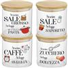 Generico Set Contenitori per Sale Fino e Grosso Zuccherro e Caffè Personalizzati Descrizioni Confezione 4 Barattoli Trasparenti In Vetro Coperchio Legno Idea Regalo Arredo Decorazioni Casa Cucina