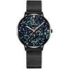 Alienwork Orologio Donna Nero Cinturino in Maglia Metallo Blu Strass Brillanti Elegante