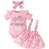 LUVCES Neonata Gonne Set Maniche Corte con Volant Pagliaccetto Top + Tuta Stampata Abito con Bretelle +Fascia per Capelli Set di Abiti Estivi Completo Rosa hello 3-6 Mesi