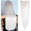 SEGOHAIR Extension con clip in extension, set da 8 pezzi, 18 clip, testa piena come capelli veri, lisci - parrucca sintetica per donna 58 cm, colore bianco