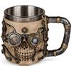 MIJOMA Boccale da birra con teschio 3D Steampunk - Elegante tazza con manico in pietra artificiale con inserto in acciaio inox, 400 ml (Chrono)