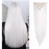 SEGOHAIR Extension con clip in extension, set da 8 pezzi, 18 clip, testa piena come capelli veri, lisci - parrucca sintetica per donna 66 cm, colore bianco
