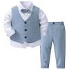 Runhomal Bambino Completo Elegante da Gentiluomo Neonato Bimbo Smoking 4 Pezzi Gilet Camicia Fiocco Pantaloncini Completo da Battesimo Abito Formale da Festa Compleanno Azzurro 5-6 Anni