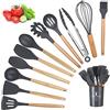 Windfromort Utensili da Cucina Accessori, 12 PCS Set Mestoli Cucina, Utensili Cucina Antigraffio con Contenitore e Manico in Legno Senza BPA con Spatole/Spatola/Cucchiaio/Frusta/Pennello/Mestolo/Paletta