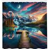 ABAKUHAUS Lago Tenda da Doccia, Montagne Molo di Legno e Mandala Culturale Orientale nei Colori Pesca, Decorazioni per Il Bagno in Tessuto con Ganci, 175 cm x 200 cm, Turchese Scuro E Corallo Scuro