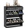 HOMCOM Mobile Scarpiera da 12 Paia con 2 Ripiani Interni Regolabili e 2 Cassetti, in Legno, 80x30x91.5 cm, Nero