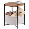 HollyHOME Tavolino Rotondo da Salotto Piccolo Tavolino Basso Balcone Tavolino da Divano con Cestino in Tessuto Comodino per Soggiorno Camera da Letto, Noce Chiaro