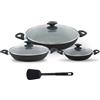 Mediawave Store Set Tegami 7pz NERI in pietra vulcanica Antiaderente 24-28-32 cm con Coperchi