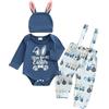 Bufarromio Set di 3 pezzi per neonato My 1st Easter a maniche lunghe pagliaccetto trattore reggicalze pantaloni con orecchie di coniglio cappello vestiti, Blu, 0-3 Months