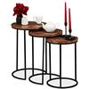 Relaxdays Tavolino da Salotto, Set da 3, Ripiano Rotondo in Legno di Mango, Telaio in Metallo, Industrial, Naturale