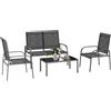 Outsunny Set da Esterno 4pz con Tavolino, 2 Sedie e Divanetto con Schienale Regolabile, in Acciaio e Textilene Nero
