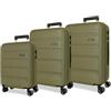 ROLL ROAD Flex Valigia rigida realizzata in ABS, un materiale, chiusura a combinazione laterale 4 ruote doppie bagaglio a mano, pratico interno con un vano, Kaki, Taglia unica, Set 3 valigie