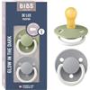 BIBS De Lux Ciuccio confezione da 2 pezzi. Privo di BPA, Tettarella tonda. Lattice di gomma naturale, Misura 1 (0-6 mesi), Sage NIGHT/Cloud NIGHT