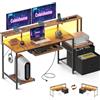 Coleshome Scrivania Gaming con LED e Prese, 140x48cm Scrivania con 2 Cassetti, Tavolo Computer Reversibile con Supporto Monitor e Vassoio per Tastiera Ufficio Casa, Marrone