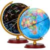 EXERZ Globo illuminato da 20 cm, base in legno, mappa in tedesco, mappamondo studentesco, mappa politica (ora del giorno), costellazione stellare (notte), lampada LED luminosa