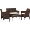 Outsunny Set da Giardino 4 Pezzi con Divano 2 Posti, 2 Sedie e Tavolino Basso, in Rattan e Acciaio, Beige e Marrone