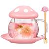 Rain House Simpatica tazza da tè in vetro a forma di fungo con infusore e cucchiaio, teiera Kawaii trasparente con filtro, coperchio e sottobicchiere in ceramica, resistente al calore, per uso domestico e