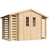 TIMBELA M391C+M391G Casetta da Giardino in Legno per Esterni con legnaia CON PAVIMENTO TRATTATO - L206xL328xA218 cm/ 3,53 + 0,97+0,97 m2 - Piccola Casetta in Legno, Rimessa Attrezzi, Deposito Bici