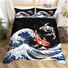 Loussiesd Ukiyoe Giapponese Pesce Copripiumino Oceano Surfing Koi Bambino Biancheria Da Letto Set Bambini Ragazzi Giapponese Esotico Koi Animale Consolatore Copertura Stile Esotico Copriletto 3 Pz Matrimoniale