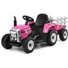 COSTWAY Trattore con Rimorchio Cavalcabile per Bambini 12V, Trattore Elettrico Telecomandato, con Luci e Suoni, 30kg, 3+ Anni (Rosa)