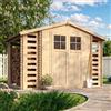 TIMBELA M391F+M391G Casetta da Giardino in Legno per Esterni con legnaia CON PAVIMENTO TRATTATO - L206xL328xA218 cm/ 3,53 + 0,97+0,97 m2 - Piccola Casetta in Legno, Rimessa Attrezzi, Deposito Bici