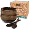 Jungle Culture® Set di 2 Ciotole in Noce di Cocco con Cucchiai, Cannuccia e Sacchetto - Ciotola de Legno per servire l'insalata, Frullati di Acai Pasta Cereali - 100% Prodotto Naturale - Coconut Bowls