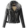 GUOCU Donna Giubbotti Bomber in Pelle PU Colletto in Pelliccia Sintetica Capispalla Giacca Cappotti Biker da Motociclista Nero M