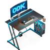 ODK Scrivania Gaming con LED, 80 × 50 cm Tavolo Gaming con Portabicchieri e Gancio per Cuffie, Scrivania Computer con Design a Doppia Z Fibra di Carbonio Nera