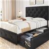 Yaheetech Letto con Testiera Imbottita Regolabile Similcuoio con 4 Cassetti 140 x 200 cm Rete a Doghe Gambe in Legno Massiccio e Metallo Nero
