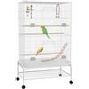 PawHut Gabbia per uccelli su ruote Grande gabbia per uccelli con supporto Voliera con vassoio rimovibile Porte Mangiatoie Giocattoli e ripiano inferiore per canarini pappagallini 79x49x133 cm Bianco