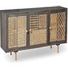 STONES HOME FURNITURE, Madia Moderna in Legno di Mango, Credenza Soggiorno Dettagli Intrecciati in Rattan, Colore Legno Grigio Scuro, Modello Nanda, 160 x 38 x h 75