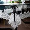 Dimatic Tovaglia impermeabile in plastica trasparente, rettangolare, in vinile PVC, con bordo in pizzo macramè, a prova di fuoriuscite di olio, per tavoli da pranzo, feste e vacanze (bianco, 150 x 300