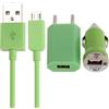 MAXY SET CARICABATTERIE CASA 5W + AUTO + CAVO RICARICA MICROUSB GREEN PER SMARTPHONE