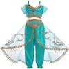 Monissy Costumi per Bambini Vestito per Principessa Jasmine Bambine e Ragazze Natale Compleanno Carnevale Costume con Accessori Aladdin Parrucca Corona Bacchetta Magica Collana,Verde,150